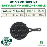 Super Smooth Black Cast Iron Paniyaram Pan With Long Handle - 7 Pits, 21cm, 8.3 Inch, 1.9 Kg | Nonstick, Pre-Seasoned Appe Or Paddu Pan, 100% Pure & Toxin-Free, No Chemical Coating